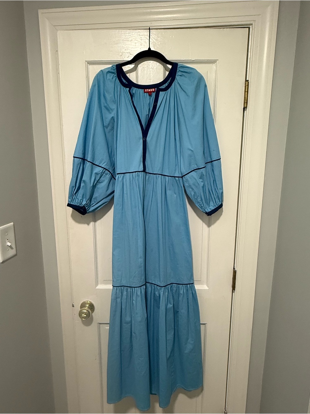 STAUD Sky Blue Maxi Dress with Navy Trim